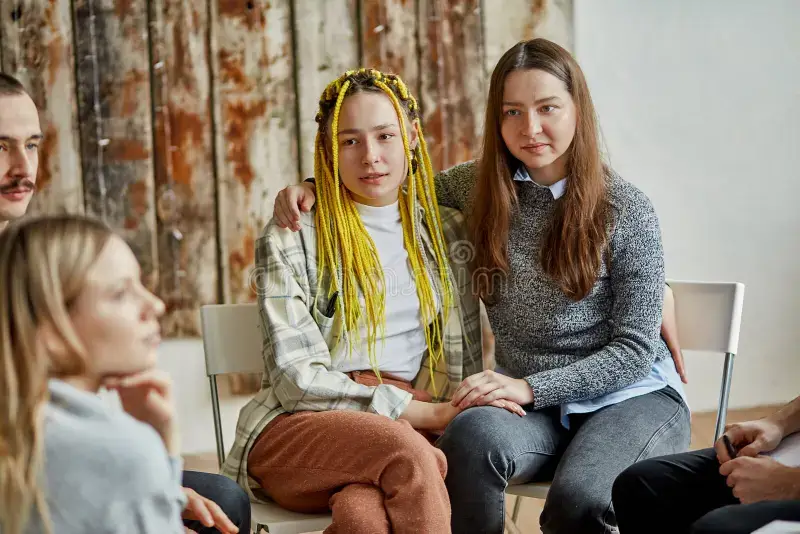 Young women sitting together at a support group