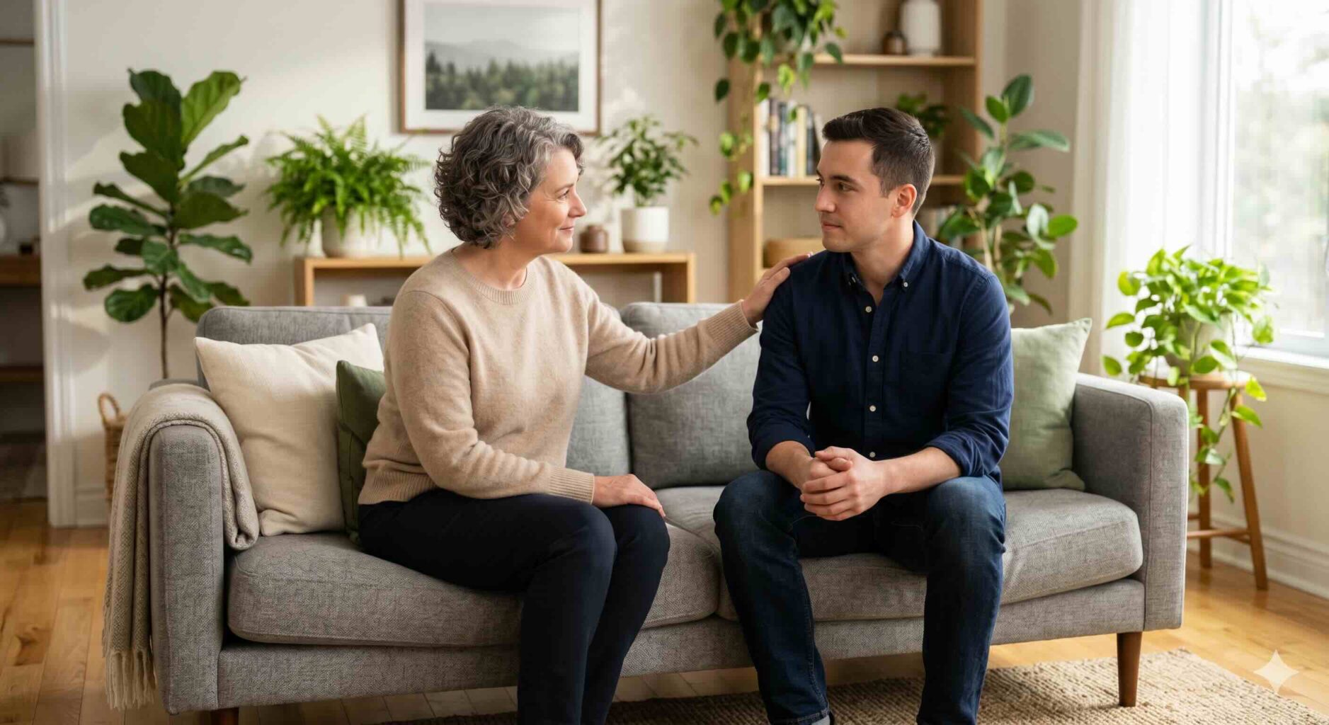 A supportive conversation between two people sitting on a sofa in a brightly lit living room.